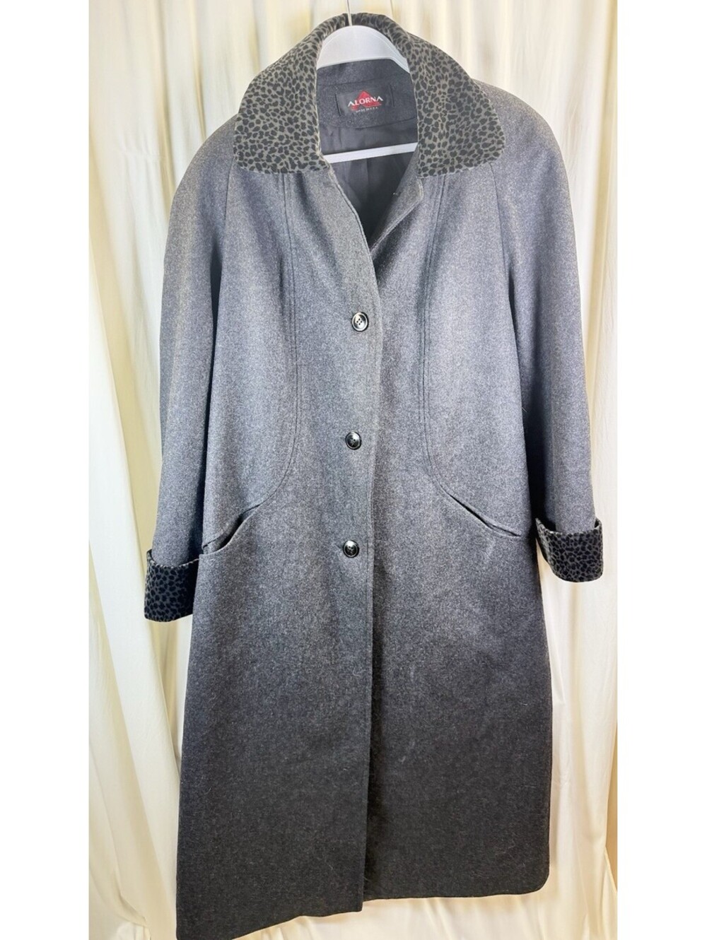 Vintage Alorna Grey Long Wool Coat Women’s S Leopard Print Trim Made in USA FLAW